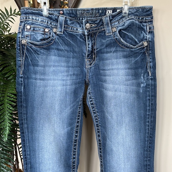 Miss Me Vintage Rhinestone Studded Y2K Mid Rise Bootcut Denim Washed Blue Jeans - Picture 3 of 16